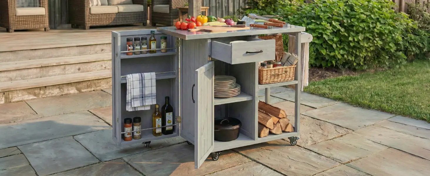 Outdoor Kitchen Island Fir Wood Prep Station with Stainless Steel Top by HouseOfZazla