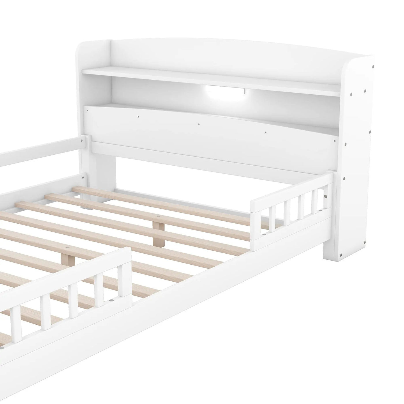 Wood Platform Bed With Built In LED Light, Storage Headboard And Guardrail by HouseOfZazla