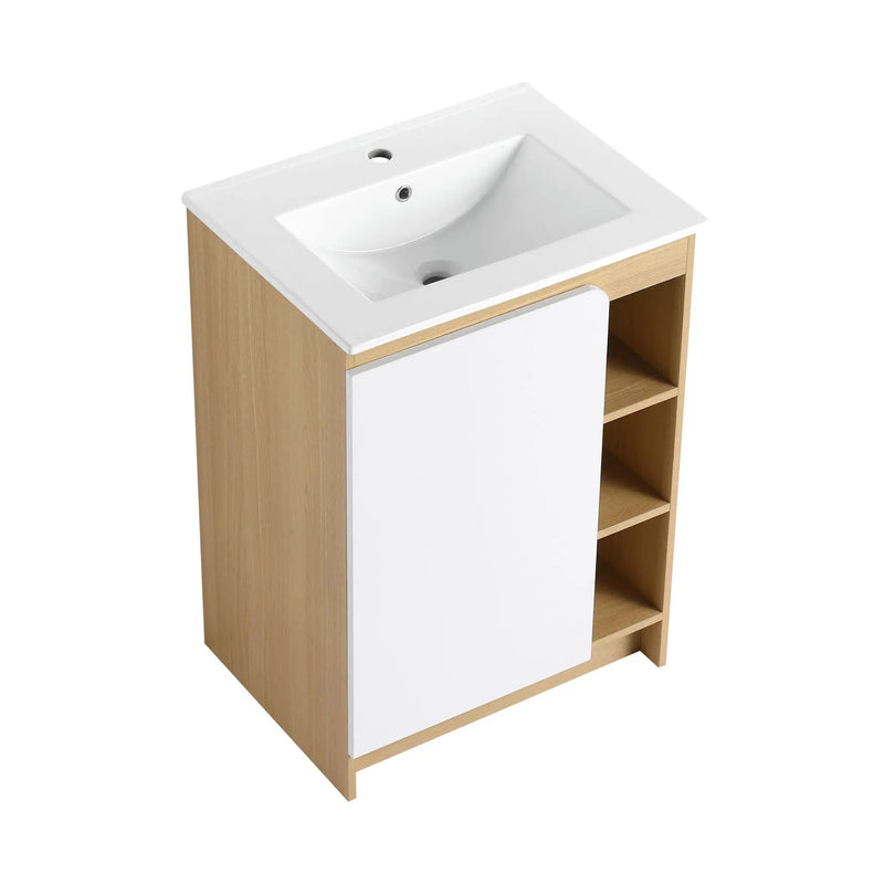 Freestanding Bathroom Vanity With Thin Rim Sink, Single Door With 4 Tier Open Shelves - Light Oak / White by Unique Piece Furniture