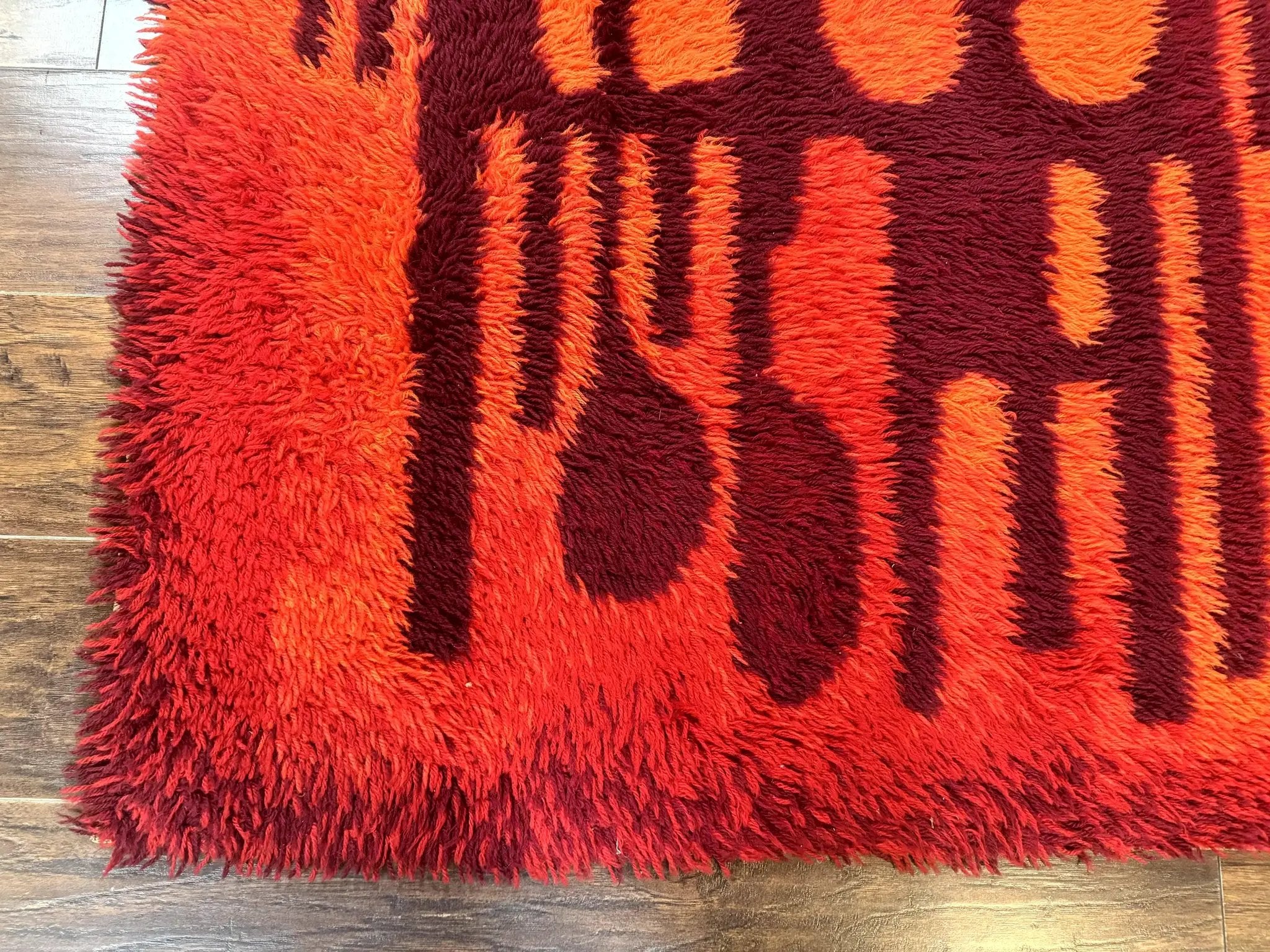 Danish Rya Shag Rug 4x6, Red Vintage Mid Century Retro Abstract Shag Rug by Jewel Rugs