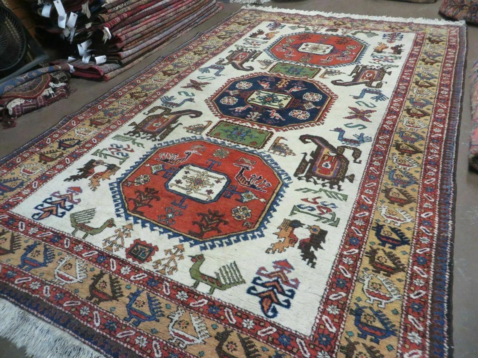 7' X 10' Vintage Handmade Knotted Turkish Wool Rug Birds Animal Ivory Organic by Jewel Rugs