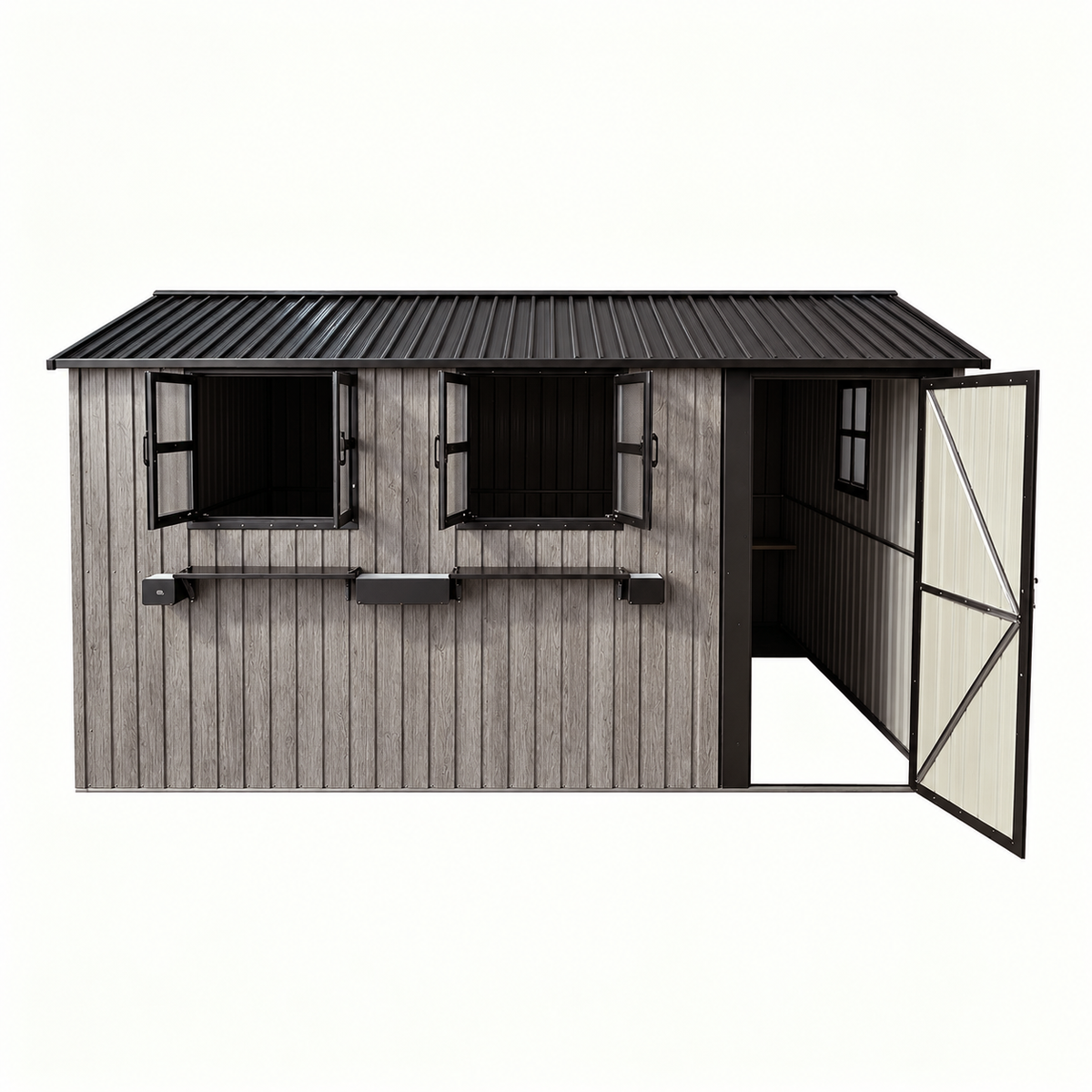 12x10 FT Outdoor Metal Storage Shed with 3 Clear Windows & Decorative Flower Rack, Lockable Single Door Tool Shed, Heavy Duty Waterproof Weatherproof Garden Shed for Backyard Patio Yard,Grey+Black, photo 8 of 9