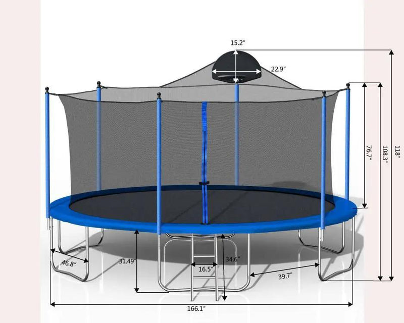 14Ft Trampoline For Adults & Kids With Basketball Hoop, Outdoor Trampolines With Ladder And Safety Enclosure Net For Kids And Adults, Double-Side Color Cover - Blue by HouseOfZazla
