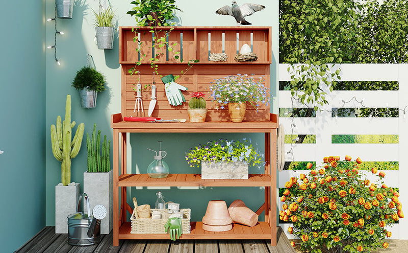 TOPMAX 65' Large Wooden Farmhouse Rustic Outdoor Potting Bench Table by HouseOfZazla