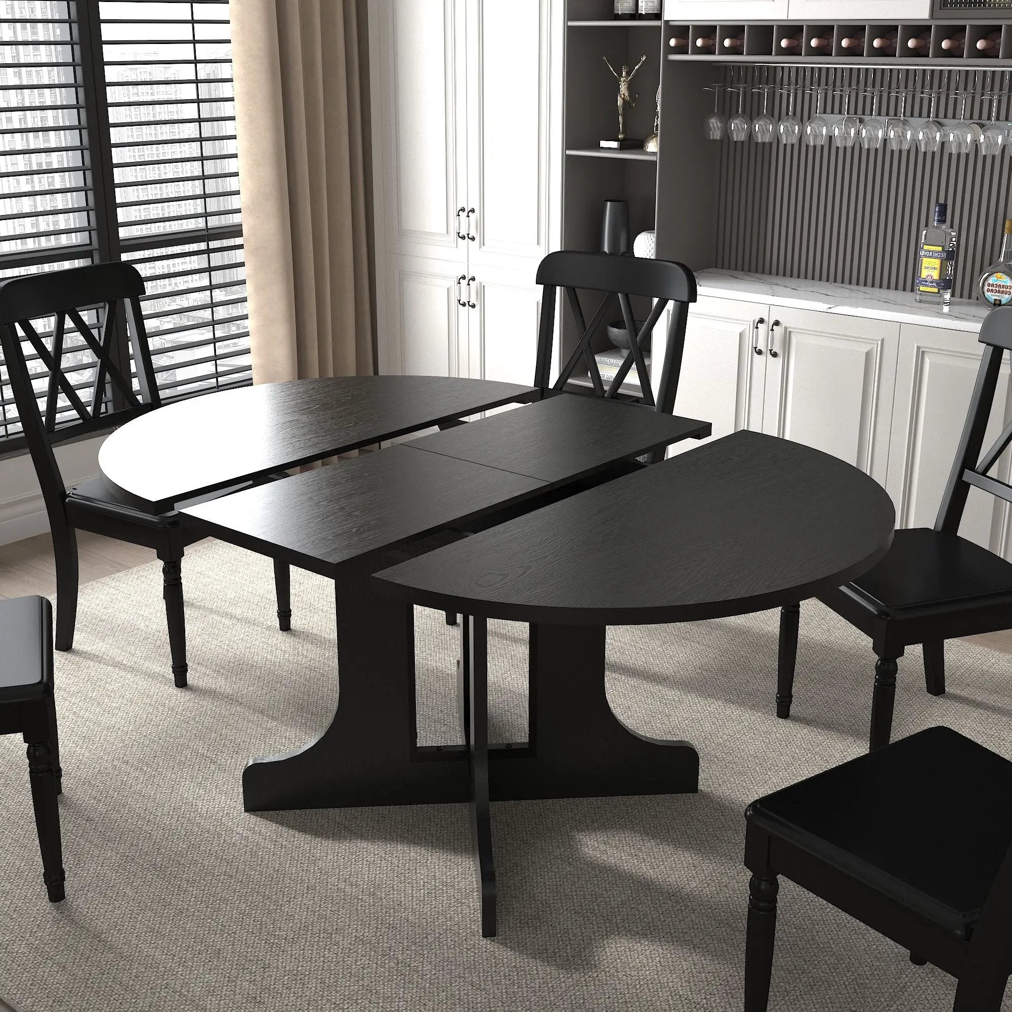 Dining Table For Farmhouse Kitchen Expandable Oval Table Top With Removable Leaf Trestle X Shaped Base - Black by HouseOfZazla