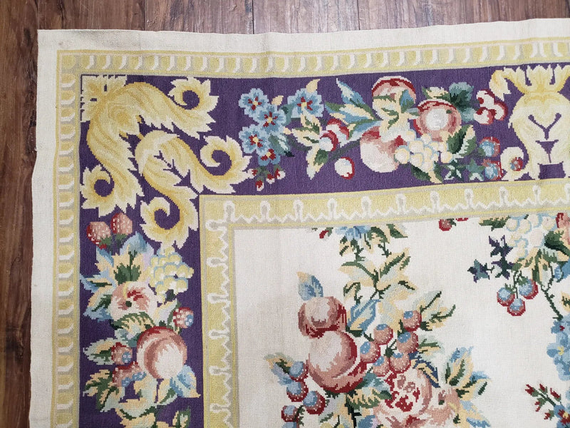Vintage Chinese Floral Needlepoint Area Rug 6x9, Wool Hand-Woven Handmade Flatweave Rug, Ivory & Purple, Fruits Grapes Apples, Dining Room by Jewel Rugs