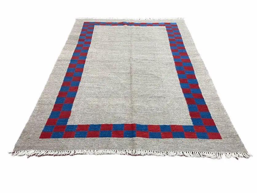 Gray Turkish Kilim Carpet 5' 7" x 7' 7", Medium Kilim Rug, Hand-Knotted, Blue & Red Border, Minimalistic Design, Geometric, Wool, New by Jewel Rugs