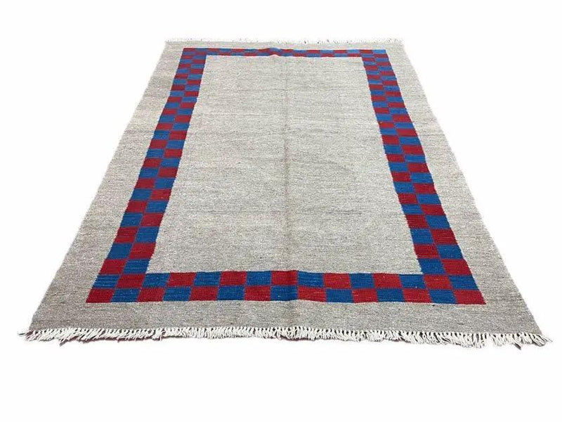 Gray Turkish Kilim Carpet 5' 7" x 7' 7", Medium Kilim Rug, Hand-Knotted, Blue & Red Border, Minimalistic Design, Geometric, Wool, New by Jewel Rugs