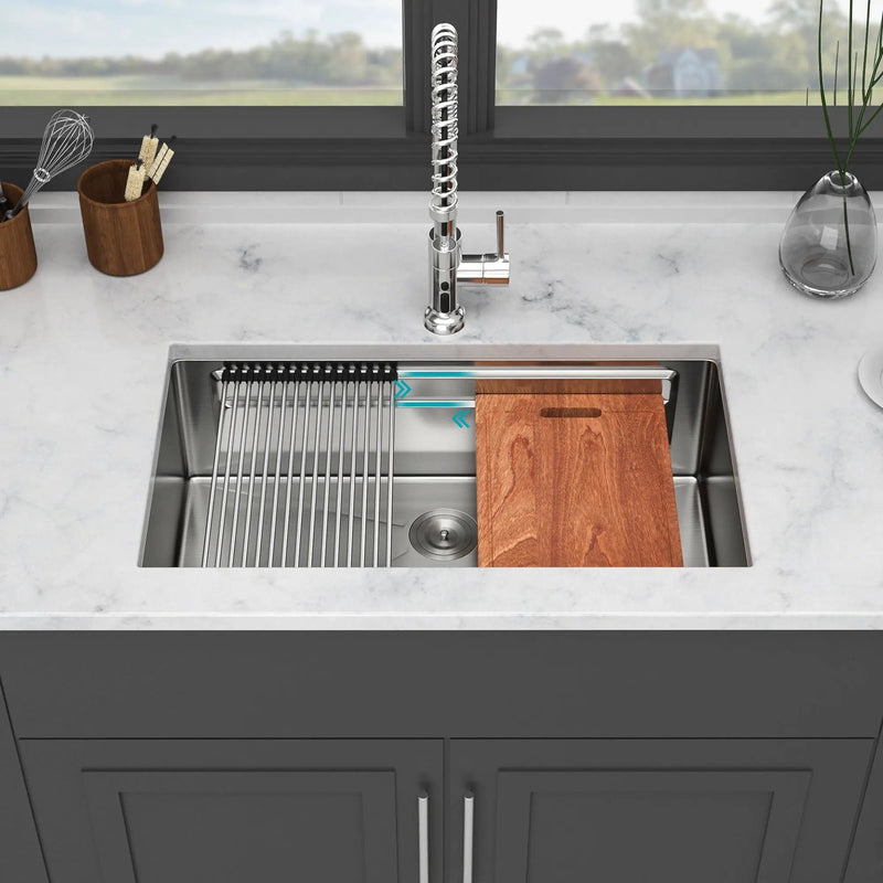 Undermount Kitchen Sink, Single Bowl With Ledge Workstation, 16 Gauge Stainless Steel - Brushed Nickel by HouseOfZazla