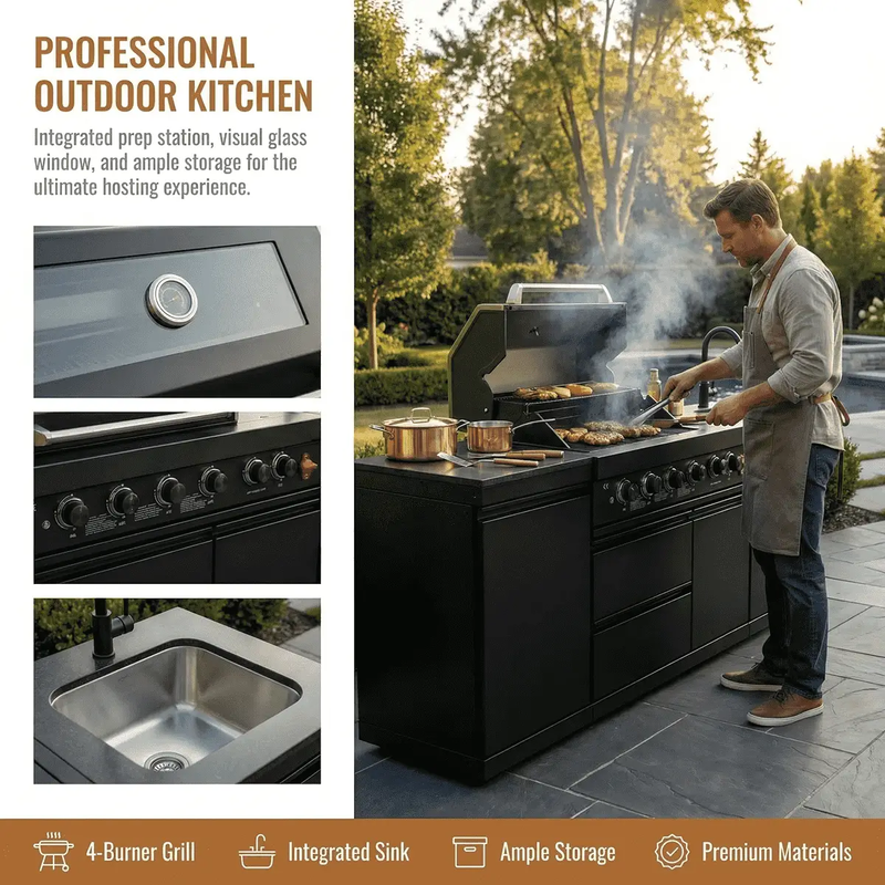85" 4-Burner 85,000 BTU Black Outdoor Kitchen Island Grill + Storage Cabinets + Sink by Chery Industrial