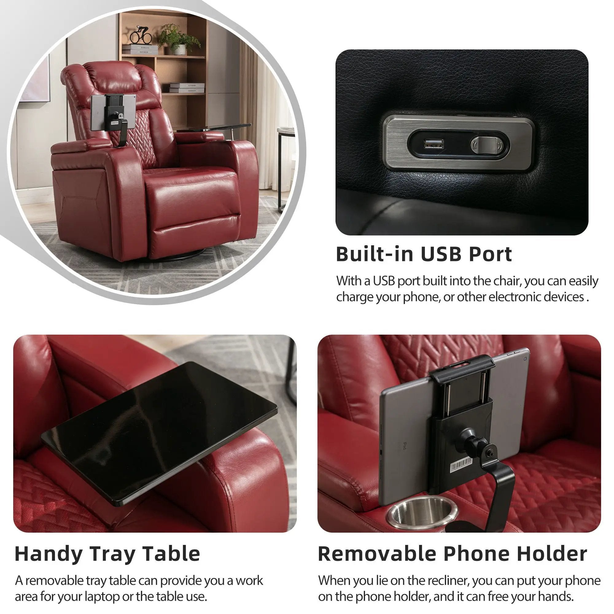 270 Degree Swivel Power Recliner With Tray Table, Phone Holder, Cup Holder, USB Port by HouseOfZazla