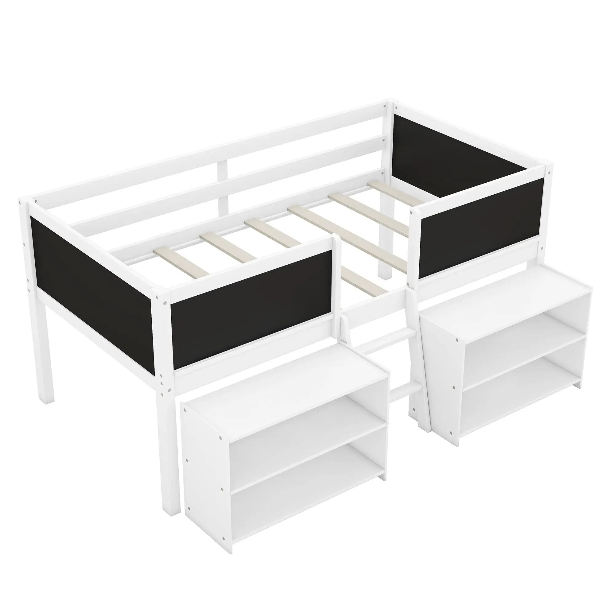 Low Loft Bed With Movable Shelves And Ladder, Decorative Chalkboard Guardrail by HouseOfZazla