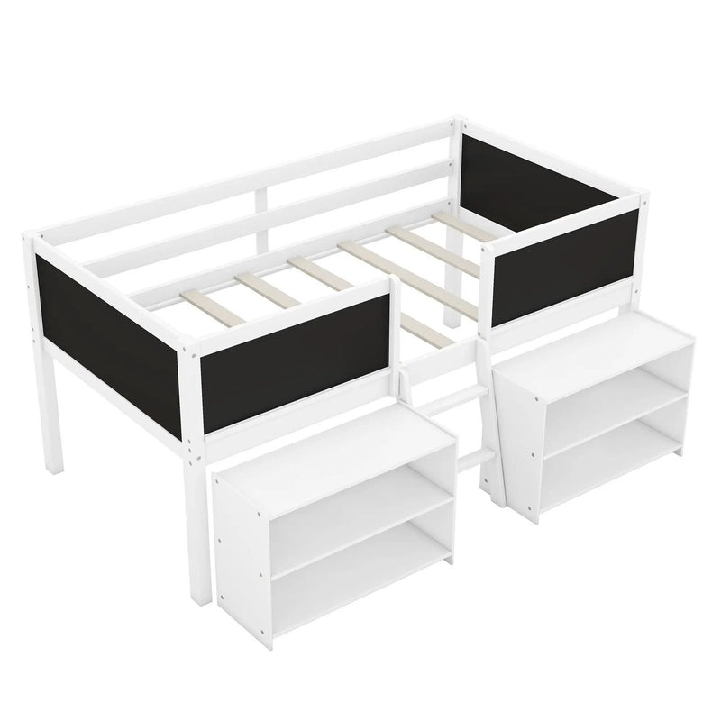 Low Loft Bed With Movable Shelves And Ladder, Decorative Chalkboard Guardrail by HouseOfZazla