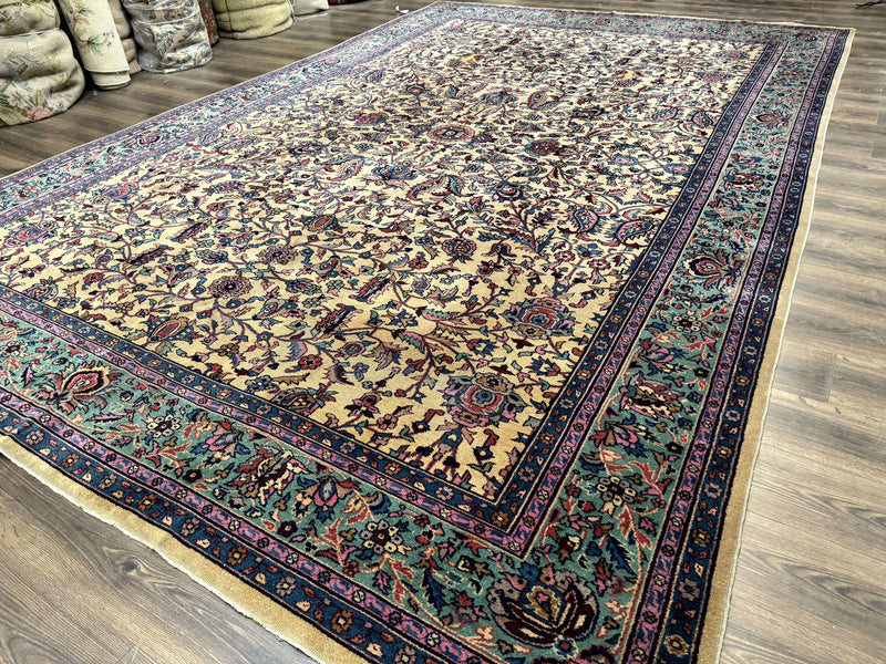 Antique Persian Rug 10x15, Camel and Cyan, Allover Pattern, Rare, Samarkand Rug by Jewel Rugs