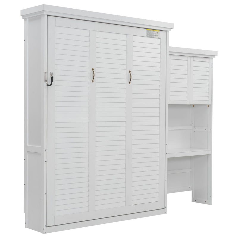 Queen Size Murphy Bed With Louvered Design And Multiple Storage Shelves - White by HouseOfZazla