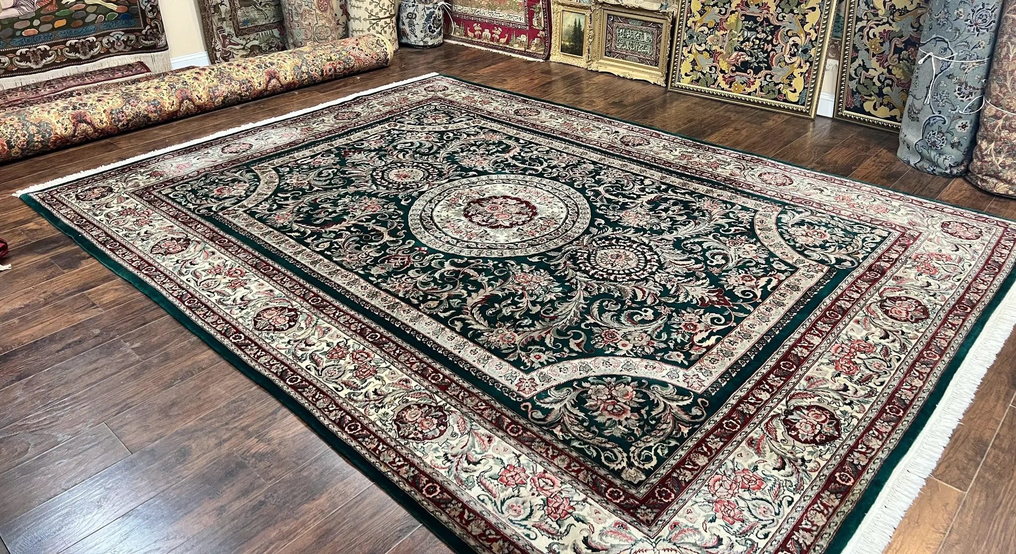 Pak Persian Rug 9x12, Dark Green and Cream, Floral Medallion, Elegant Handmade Wool Carpet 9 x 12 by Jewel Rugs