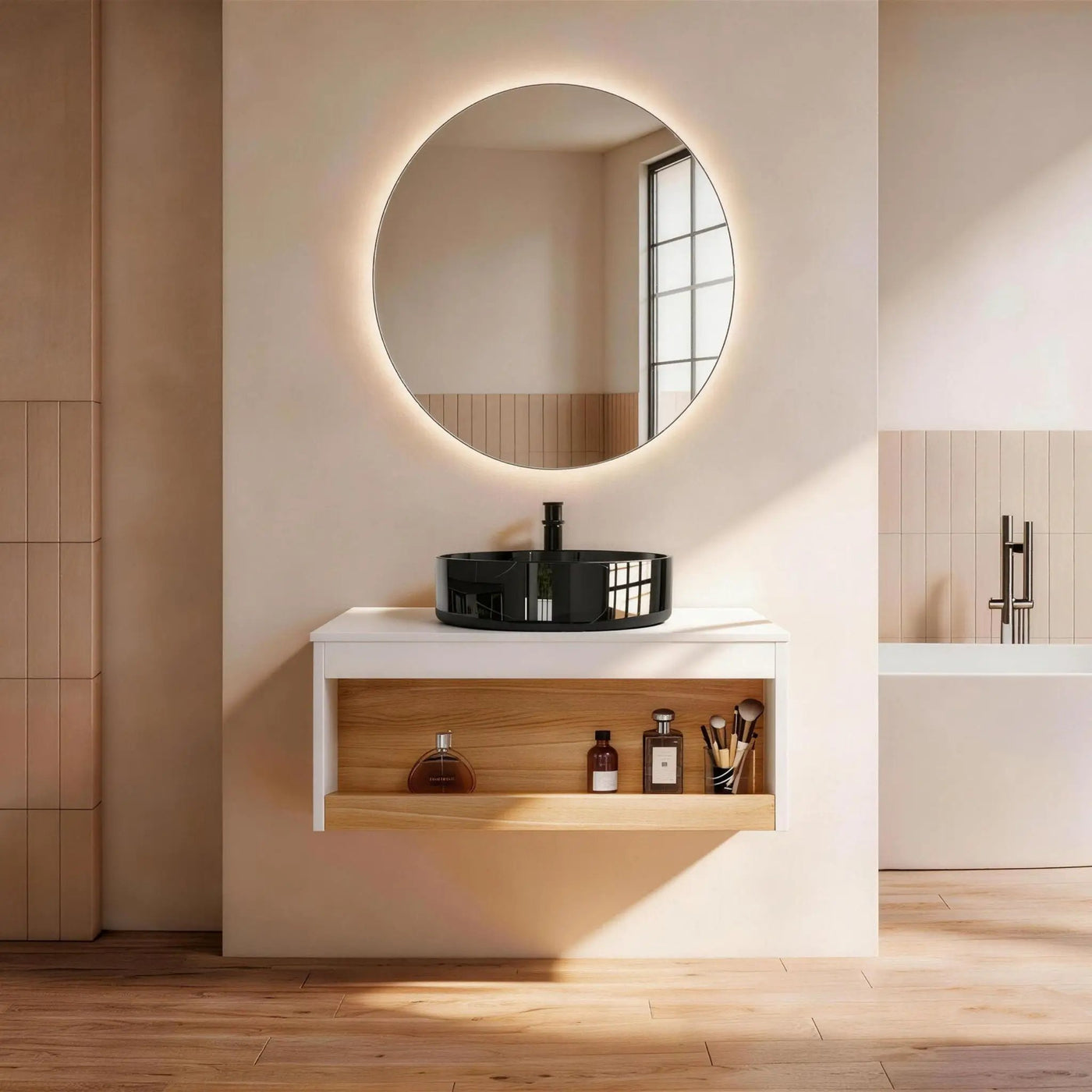 Floating Bathroom Vanity With Vessel Sink With Open Shelf Storage by HouseOfZazla