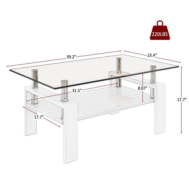 Modern Rectangular Coffee Table With Tempered Transparent Glass Top And Storage Shelf by Unique Piece Furniture