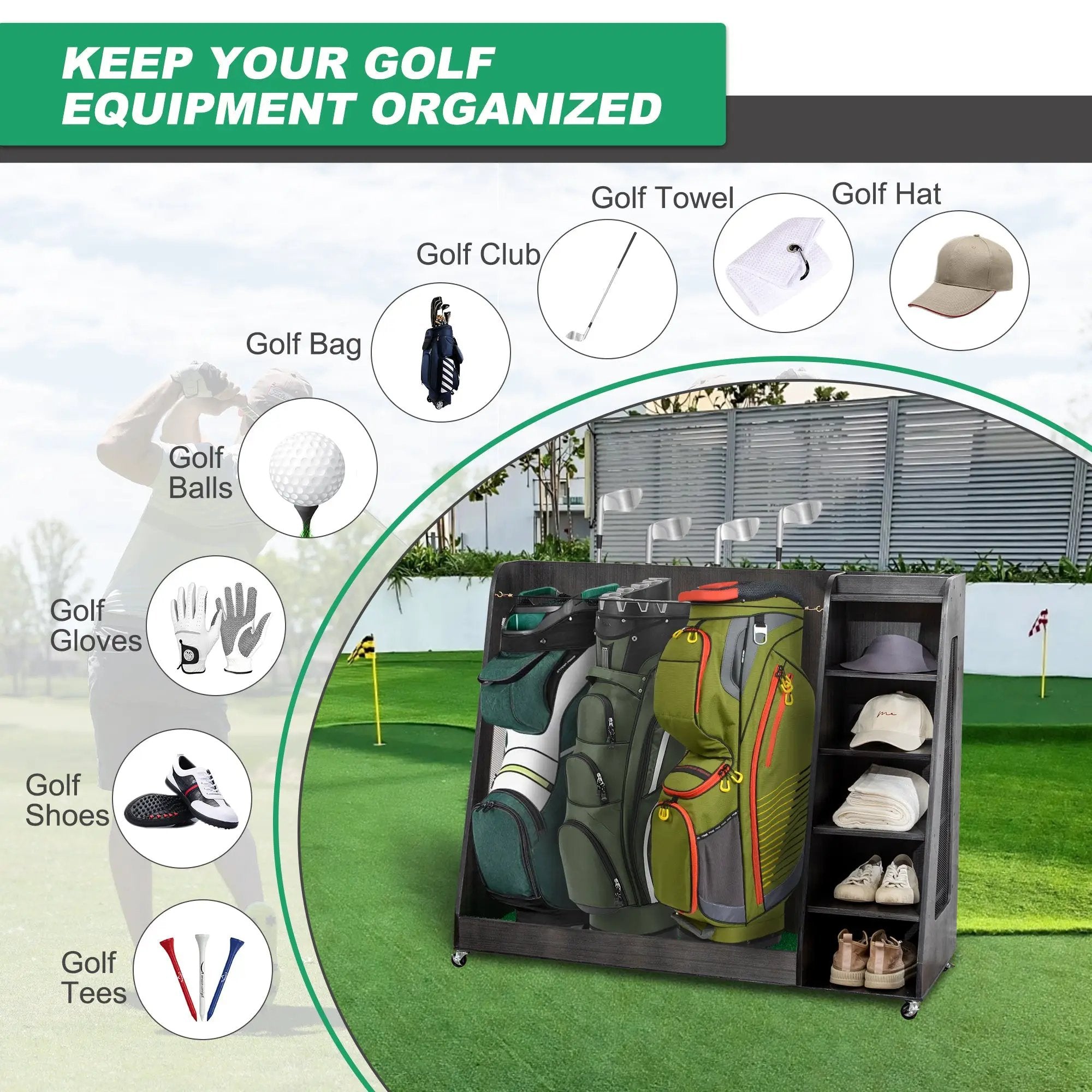 Gray Wooden Golf Bag Storage Rack with 3 Drawers by HouseOfZazla