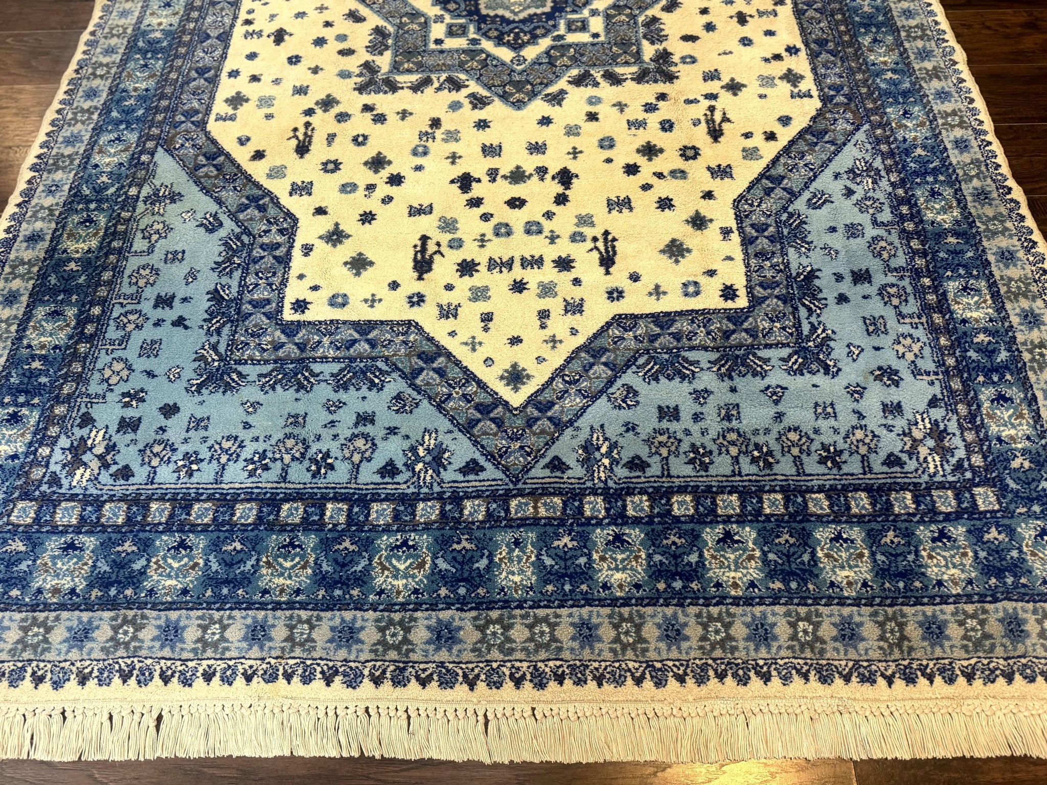 Moroccan Rug 7x10, Geometric Medallion, Blue and Ivory by Jewel Rugs
