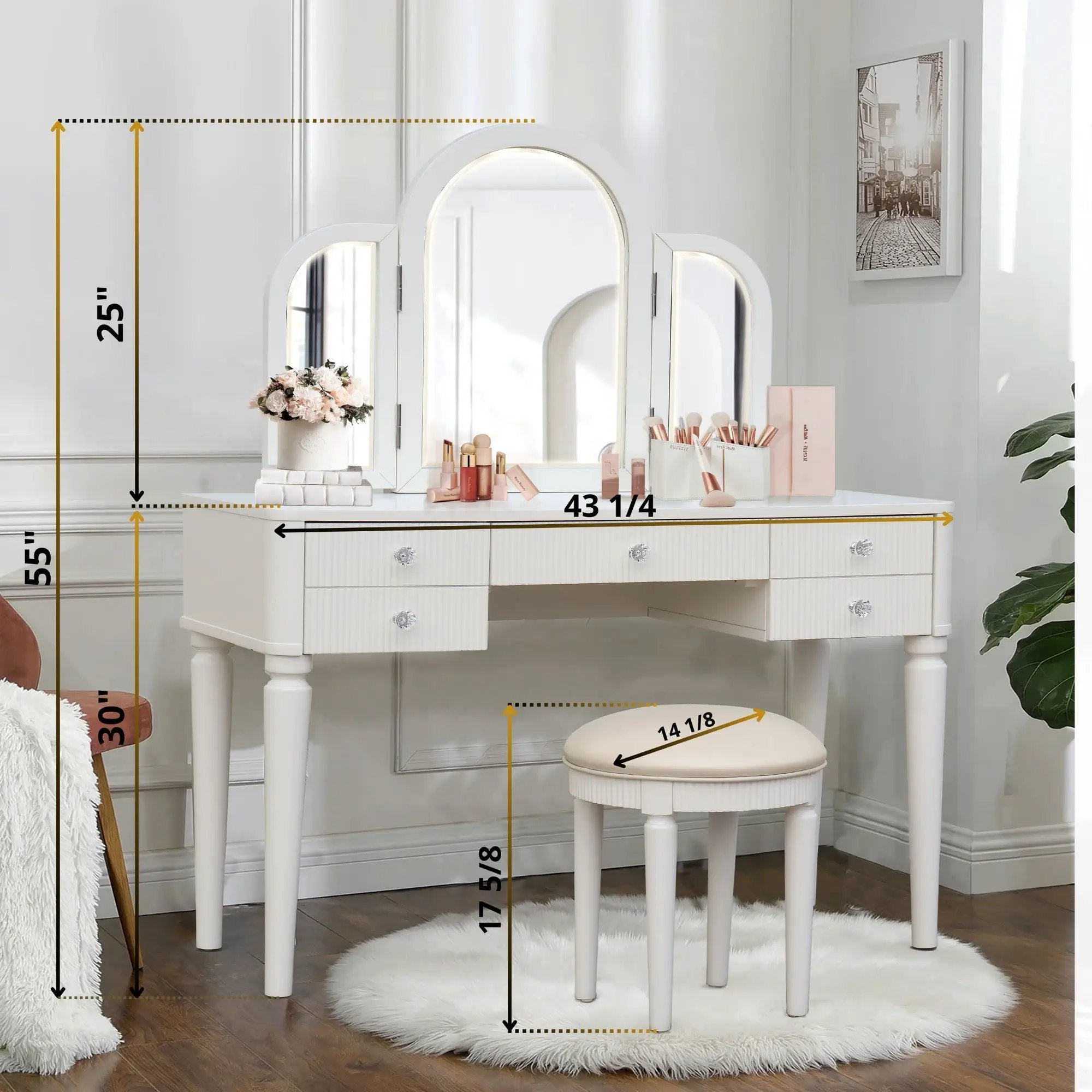 Mirrored Makeup Vanity Table Set With Adjustable Lighting And Storage by HouseOfZazla