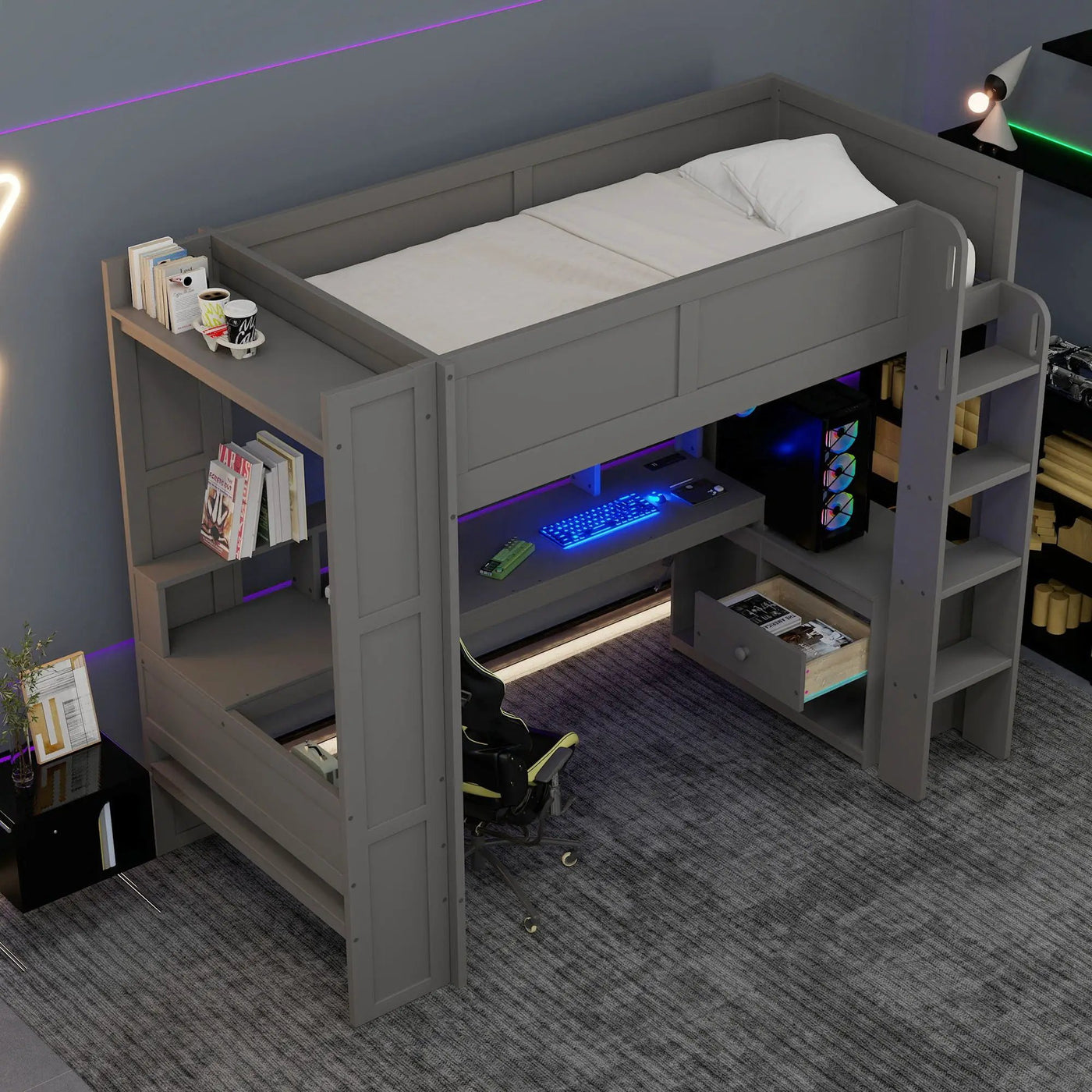 Gaming Loft Bed With Desk, Multi Storage Shelves, LED And Charging Station by HouseOfZazla
