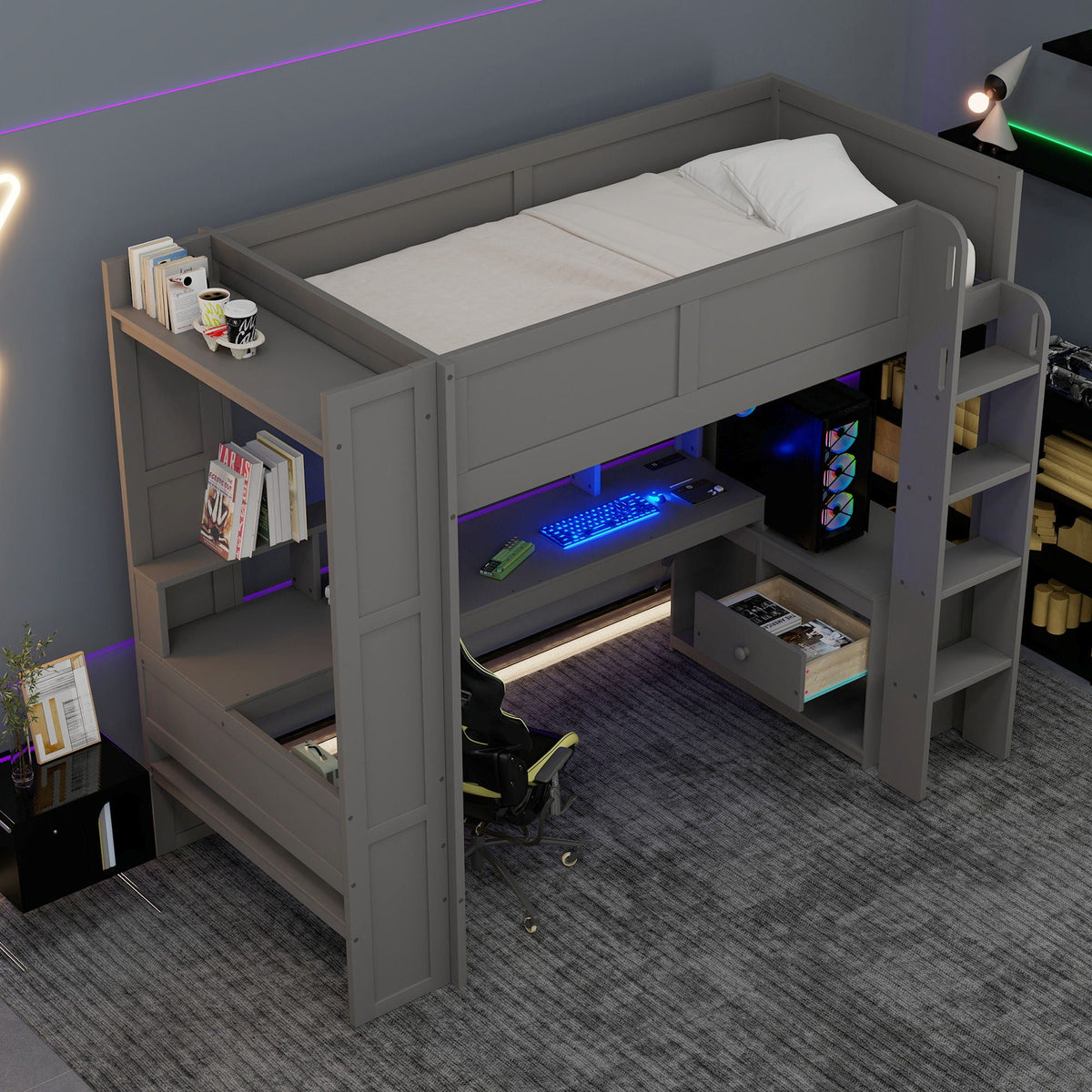 Gaming Loft Bed with Desk, Multi Storage Shelves, LED and Charging Station - Dark Gray, photo 2 of 13