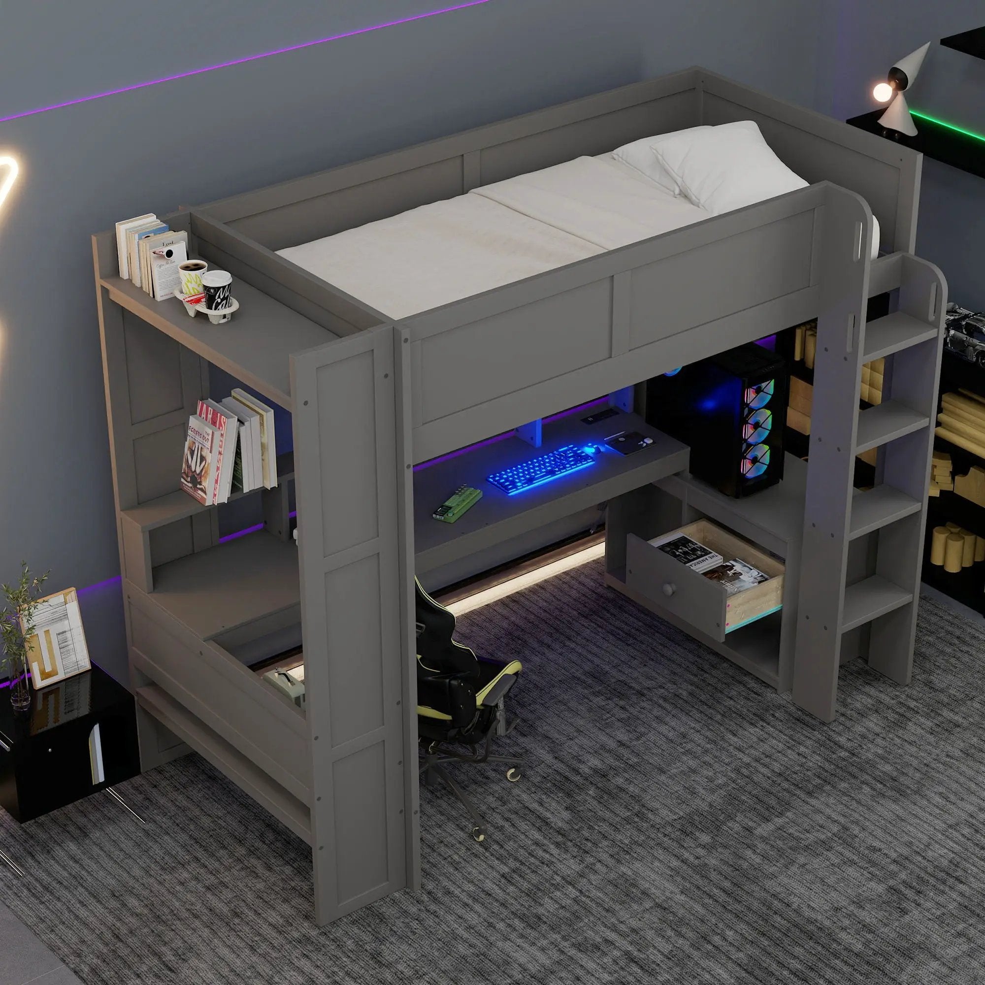 Gaming Loft Bed With Desk, Multi Storage Shelves, LED And Charging Station by HouseOfZazla