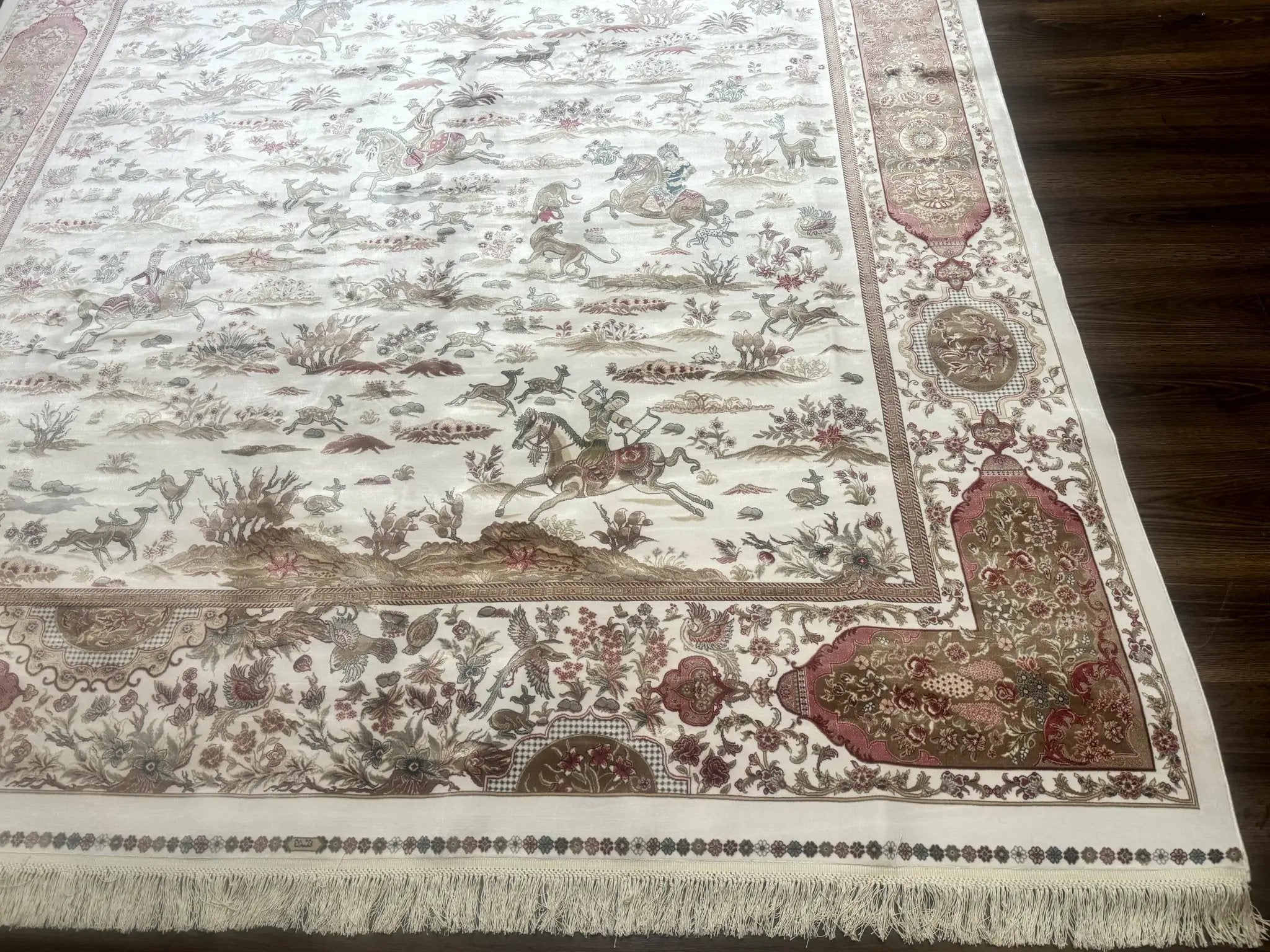 Large Turkish Silk Rug 8x10, Ivory, Hunting Design, Bamboo Silk, New by Jewel Rugs