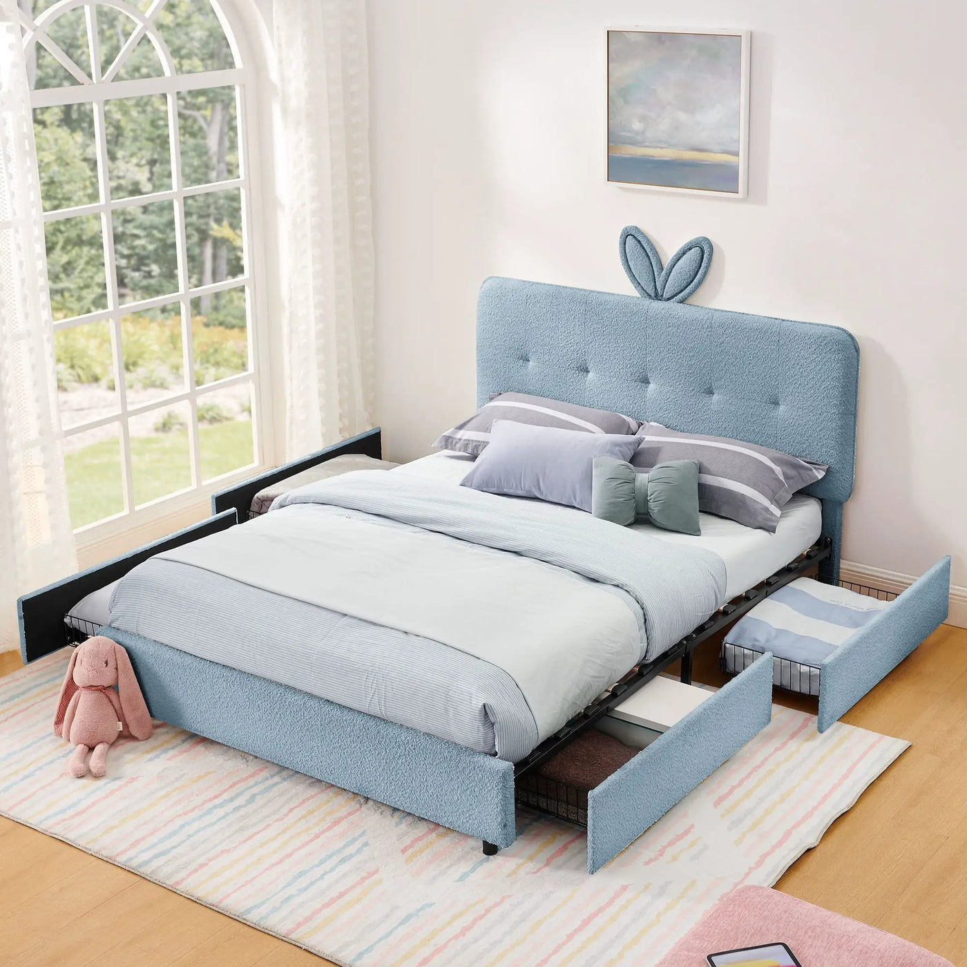 Upholstered Bed With Oversized Rabbit Ear Headboard, LED Lights & 4 Storage Drawers by HouseOfZazla