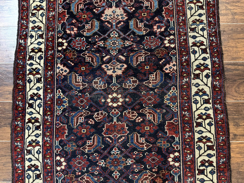 Navy Blue Antique Persian Rug 3x6, Blue and Ivory Persian Carpet, Handmade 1920s Hamadan Rug by Jewel Rugs