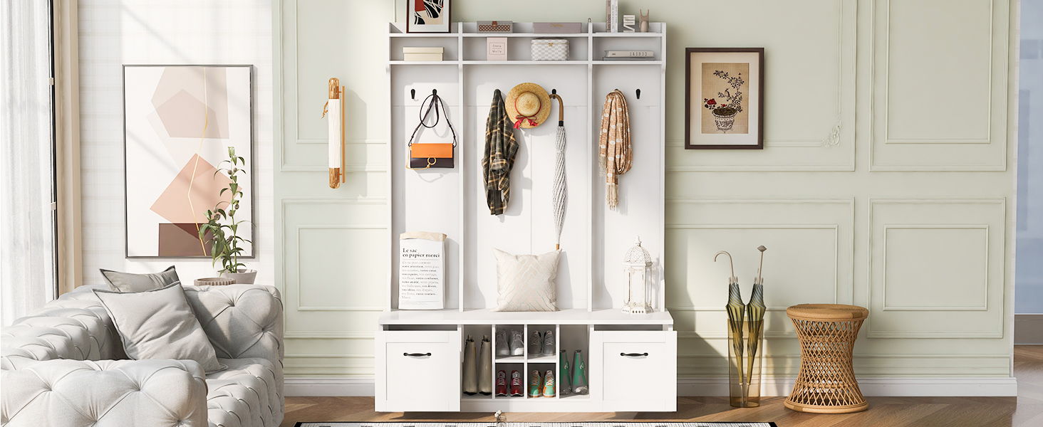 5 In 1 Entryway Bench With Coat Rack, 7 Sturdy Hooks, 2 Spacious Drawers And Adjustable Shelves by HouseOfZazla