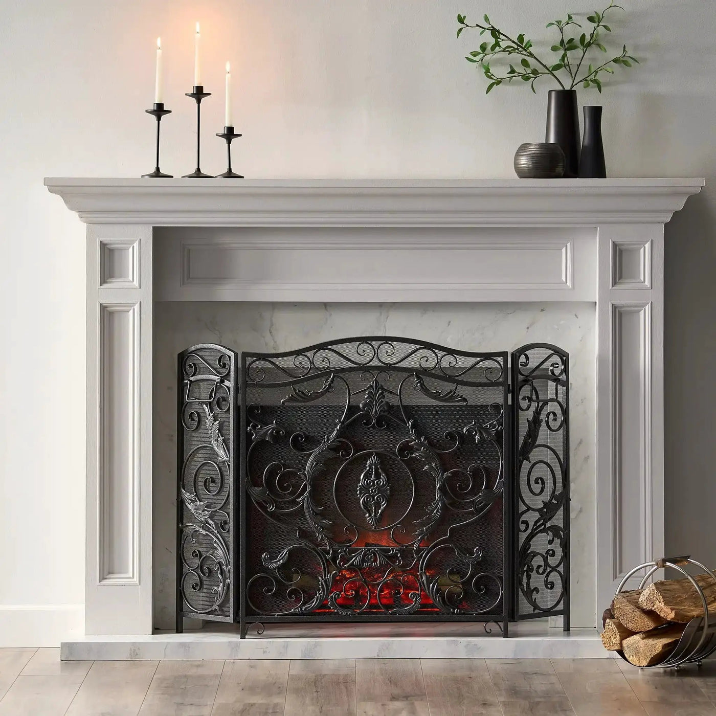 Mariella Traditional Floral Iron Fireplace Screen with Ornate Design by HouseOfZazla