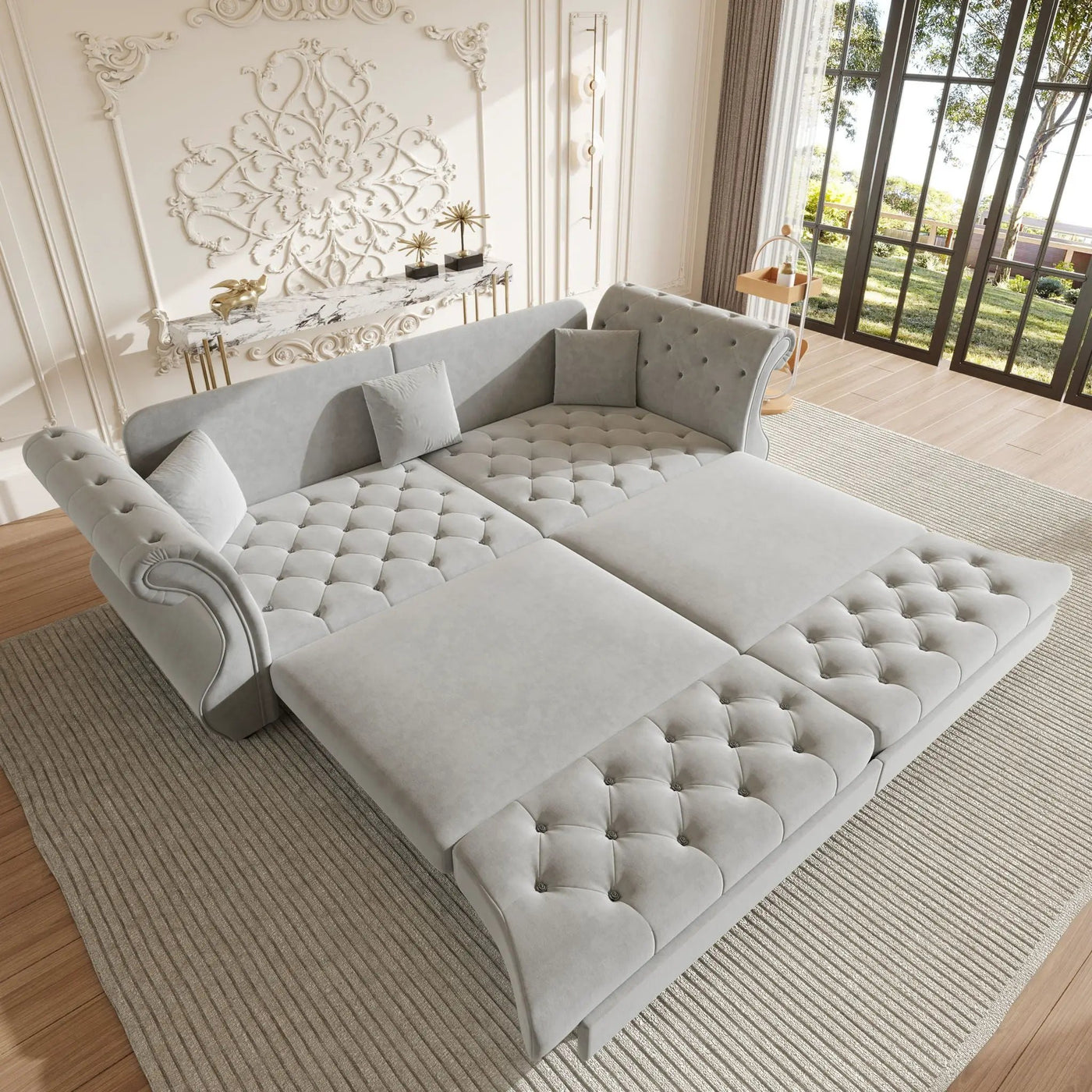 Oversized Chesterfield Pull Out Sofa Bed, Roll Arm Couch With Flower Tufting For Living Room by HouseOfZazla