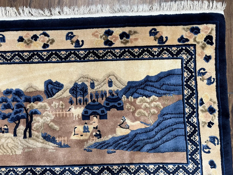 Antique Chinese Pictorial Rug 2.7 x 5, Chinese Village and Hills Carpet, Beige and Dark Blue, Handmade, Horizontal Rug Wall Hanging Tapestry by Jewel Rugs