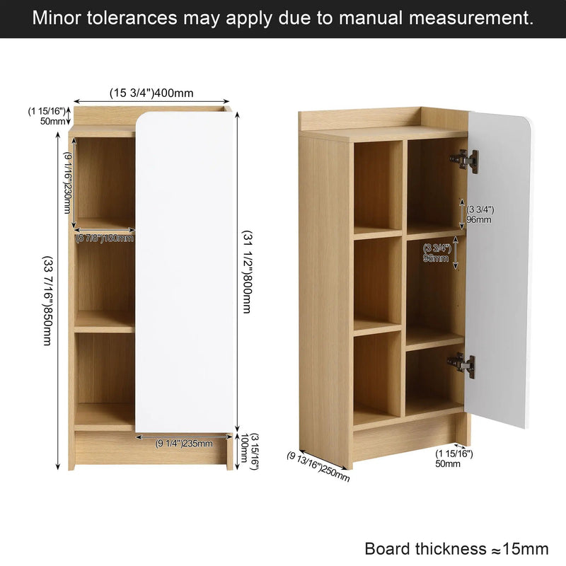 Freestanding Bathroom Side Cabinet, Narrow Storage Cabinet With Single Door & 3 Tier Open Shelves - Black / Light Oak / White by HouseOfZazla