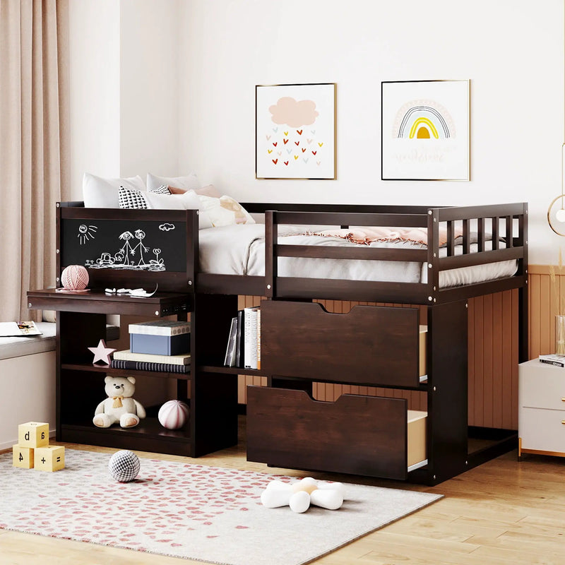Low Loft Bed With Rolling Desk, Shelf And Drawers by HouseOfZazla