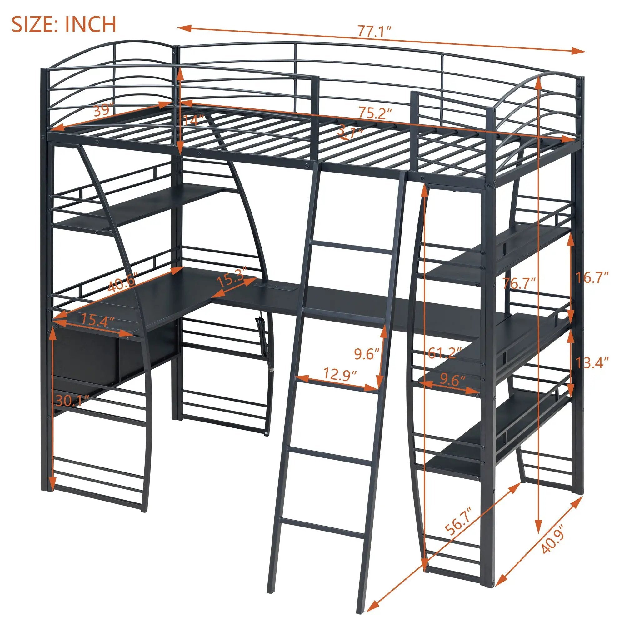 Loft Bed With 4 Layers Of Shelves And L-Shaped Desk, Stylish Metal Frame Bed With A Set Of Sockets, USB Ports And And Wireless Charging by Unique Piece Furniture