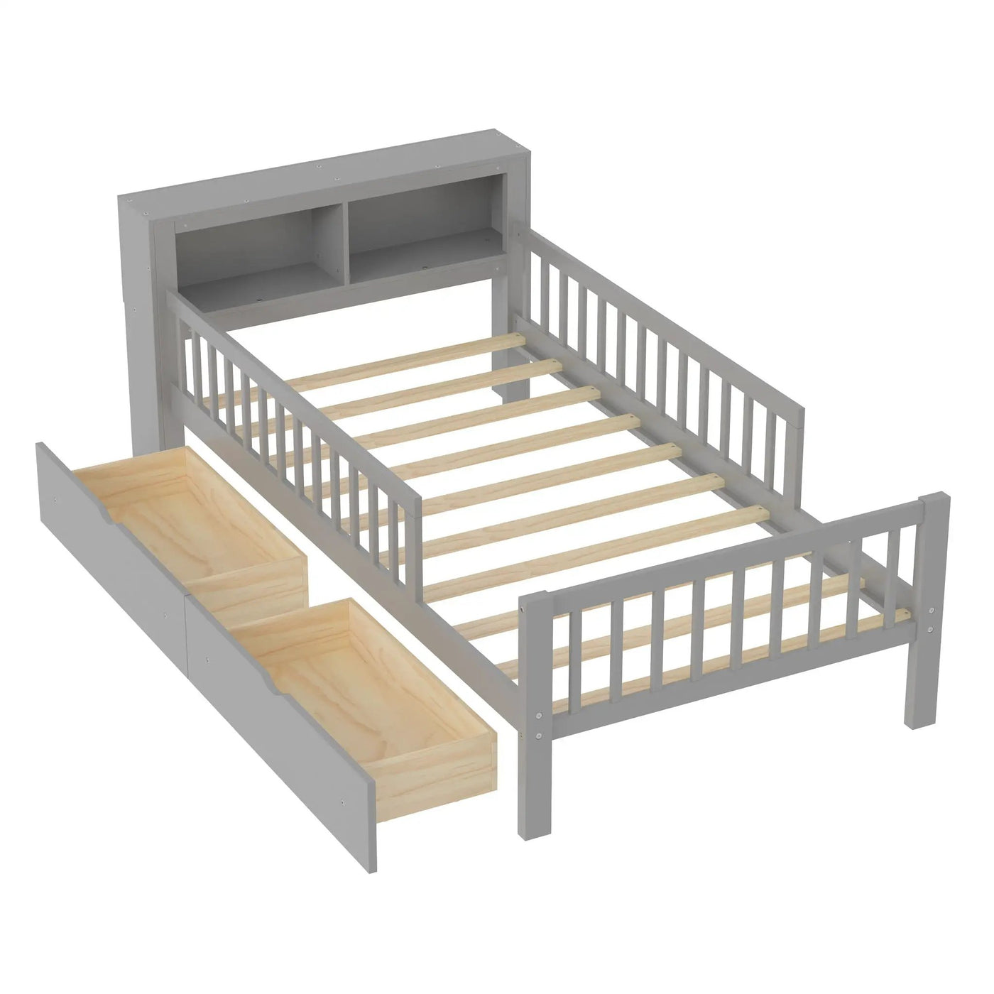 Bed With Headboard Storage Rack, 2 Under Bed Drawers, 3 Side Guardrails For Safety by HouseOfZazla