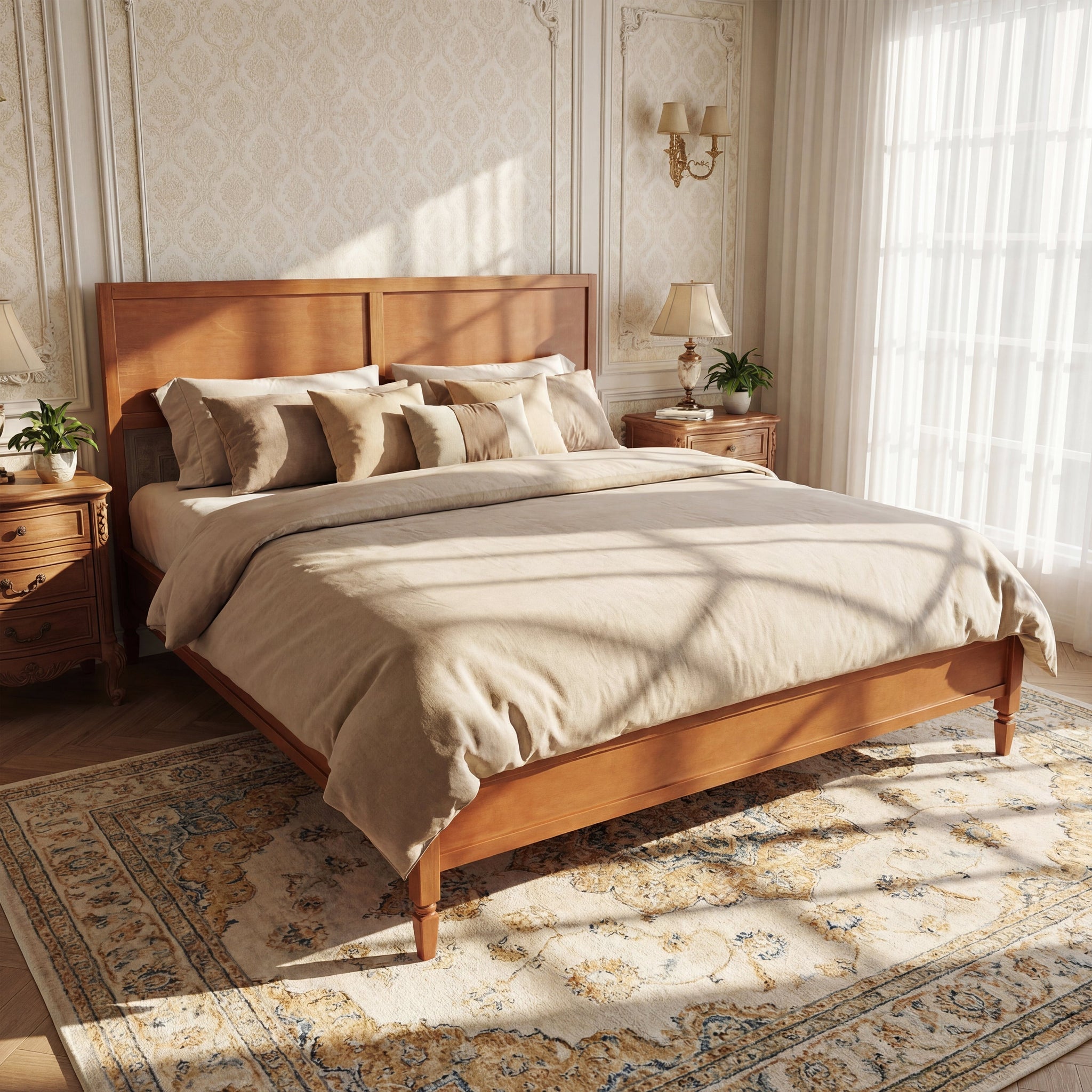 King Size Wood Platform Bed Frame with Classic Panel Headboard by HouseOfZazla