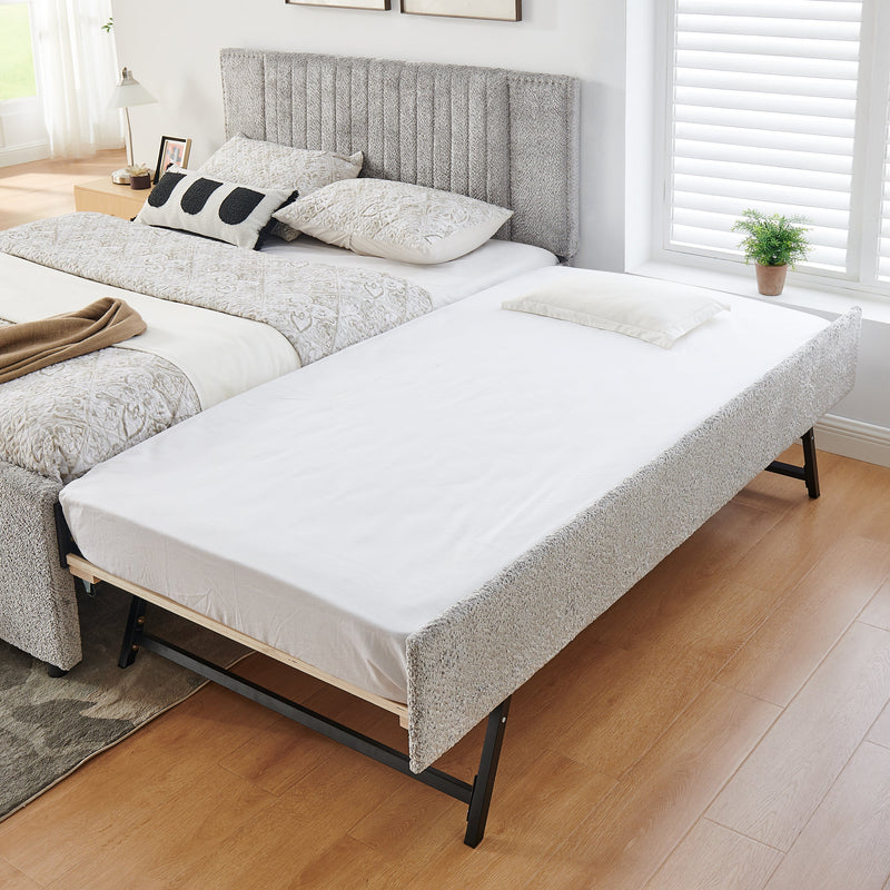 Queen Size Vertical Channel Tufted Headboard & Nailhead Trim Space Saving Upholstered Bed, Multi-functional Design with 2 Storage Drawers and Pull-out Trundle Bed, Chenille, photo 7 of 10