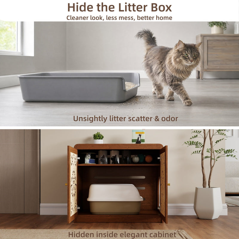 Walnut Cat Litter Box Enclosure Cabinet with Vent & Carved Doors - Walnut, photo 8 of 10
