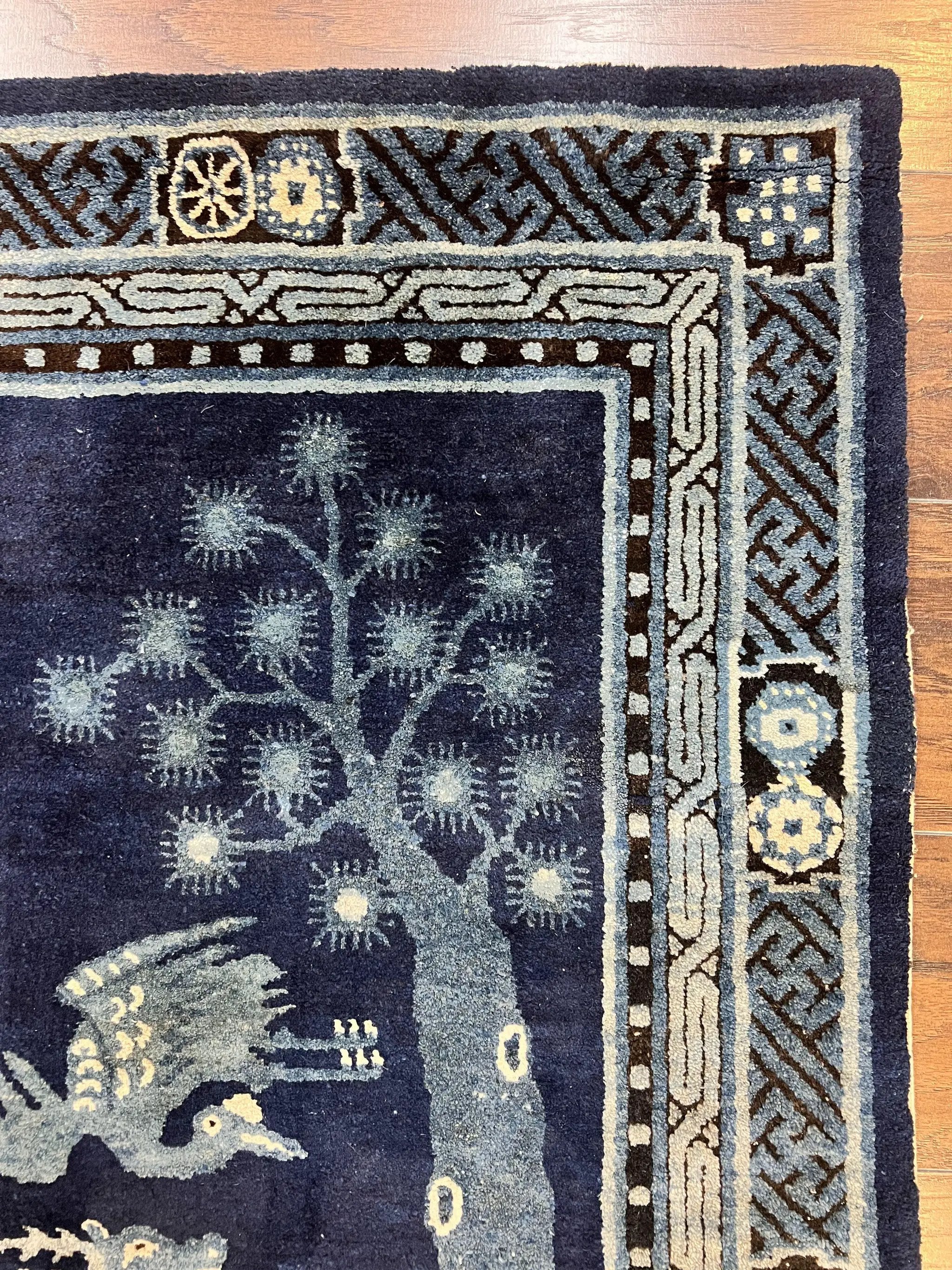 Antique Chinese Peking Rug 3x5, Dark Blue Chinese Wool Rug 3 x 5, Animal Pictorials Deer Birds, Handmade Asian Oriental Chinese Carpet by Jewel Rugs