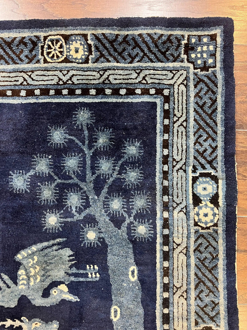 Antique Chinese Peking Rug 3x5, Dark Blue Chinese Wool Rug 3 x 5, Animal Pictorials Deer Birds, Handmade Asian Oriental Chinese Carpet by Jewel Rugs