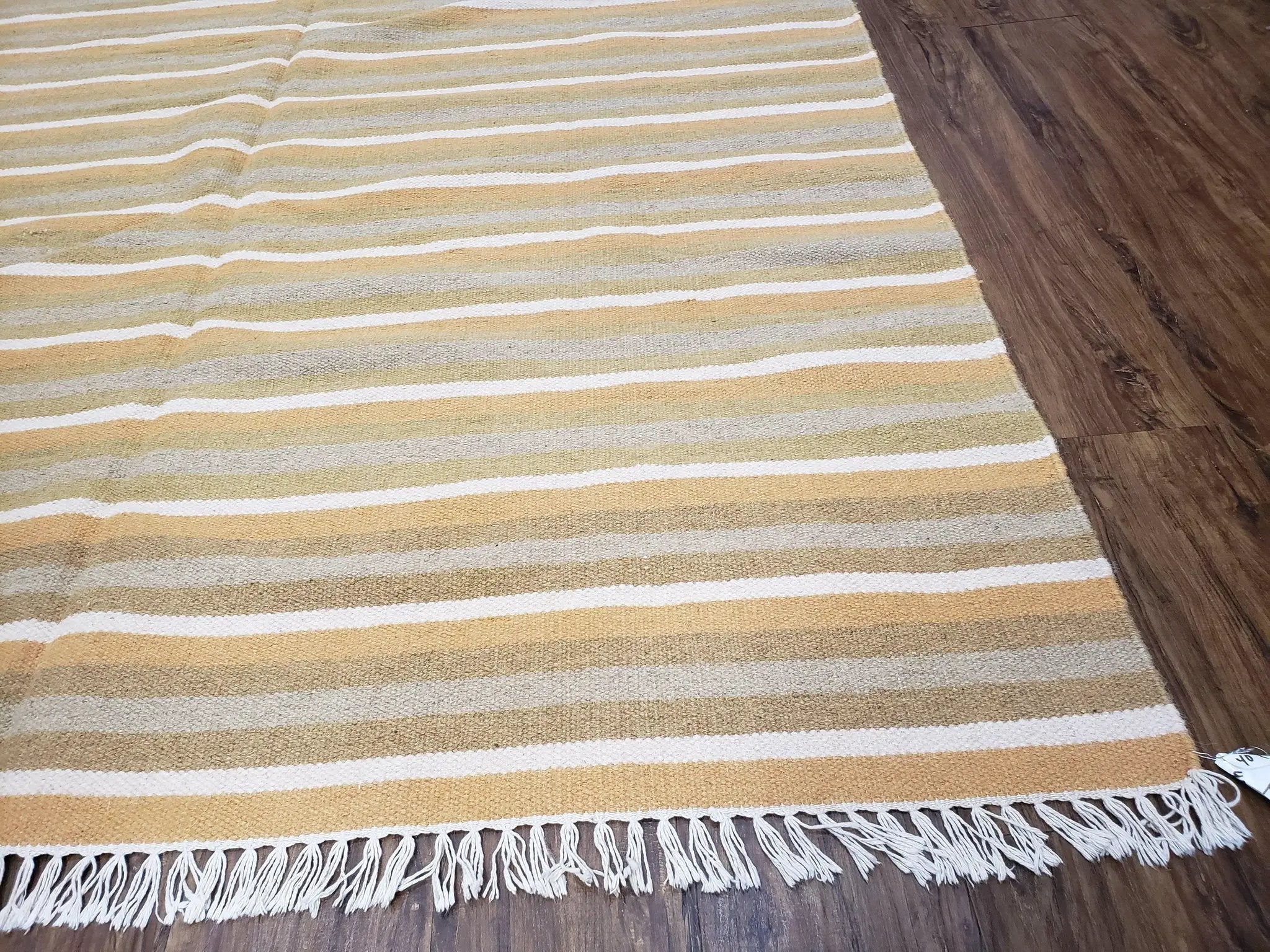 New Indian Kilim Area Rug, 6x8 - 7x8 South American Style Blanket, Striped Indian Wool Hand-Woven Flat Weave 6x9 Bedroom Rug, Ivory Ochre by Jewel Rugs