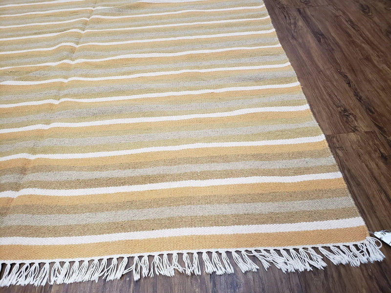 New Indian Kilim Area Rug, 6x8 - 7x8 South American Style Blanket, Striped Indian Wool Hand-Woven Flat Weave 6x9 Bedroom Rug, Ivory Ochre by Jewel Rugs
