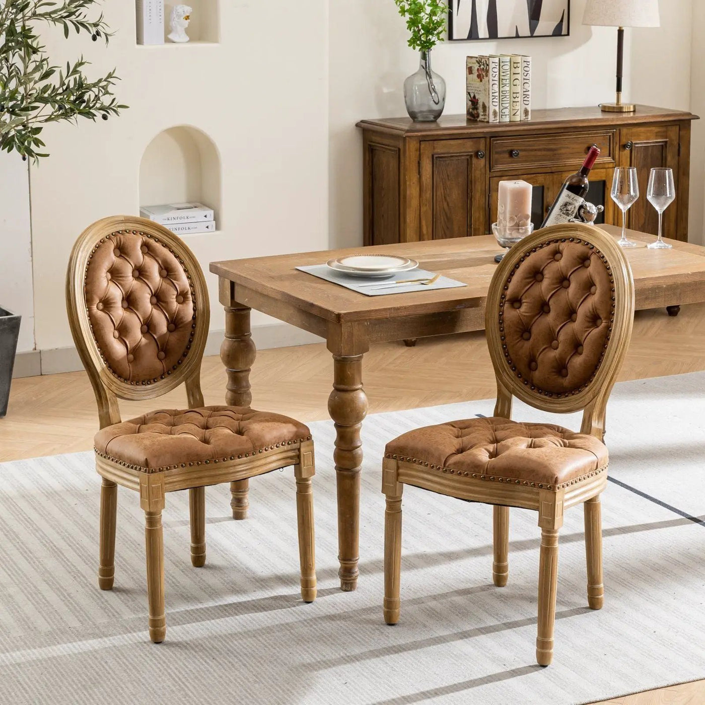 French Style Solid Wood Frame Antique Painting, Hand-Pulled Buckle Decoration Artificial Dining Chair With Nailhead Trim, Wood Legs by HouseOfZazla