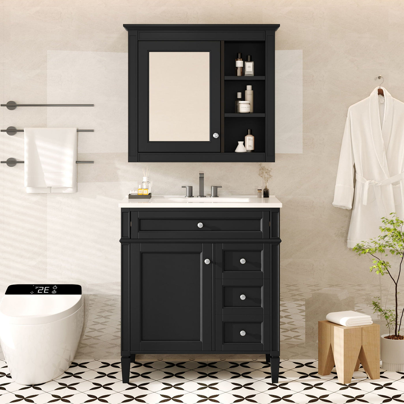 Bathroom Vanity With Top Sink, 2 Doors And 3 Drawers, Freestanding Set With Mirror Cabinet by Unique Piece Furniture