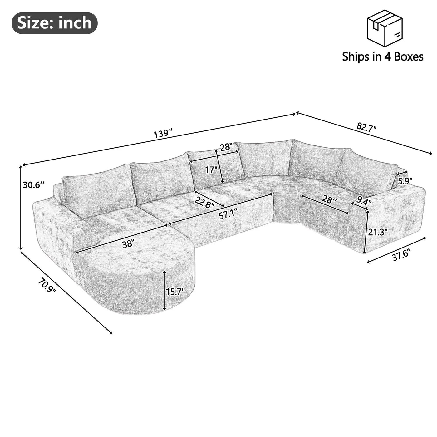 U-Shaped Oversized Modular Cloud Sectional Sofa With Deep Seat For Living Room by HouseOfZazla