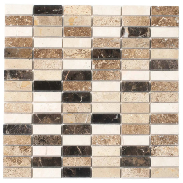 Emperador Dark, Beige Travertine 12x12 Polished Brick Marble Mosaic Tile (5 pack, 5 sq ft/case), photo 2 of 8